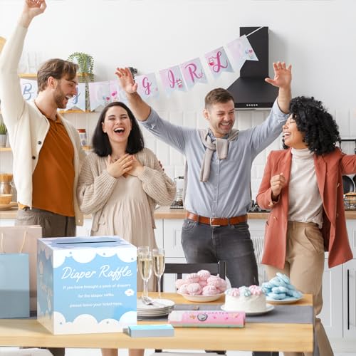 Image of Diaper Raffle Tickets with Card Box, 50 Blue Raffle Tickets and Box for Baby Shower Game, Gender Reveal, Oh Baby Theme Party Decorations
