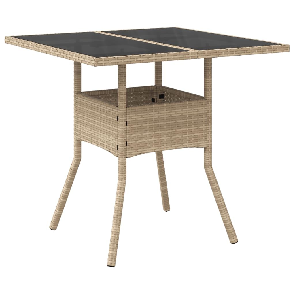 Mesa moderna de exterior de polirratán beige y cristal elegante