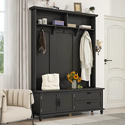 ANTSKU Widen Hall Tree with Bench and Shoe Storage Modern Entryway Bench with Coat Rack, Cabinet, 2 Drawers and Shelves, Mudroom Bench with Storage and 5 Hooks for Entry Way, Hallway (Black)