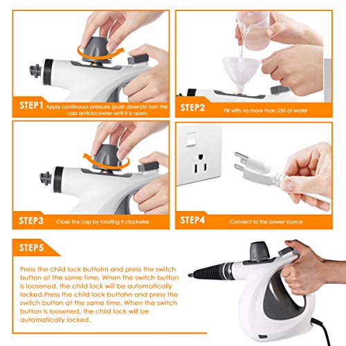 VeRosky Handheld Pressurized Steam Cleaner Best Germ Killer with 9-Piece Accessory Set Purpose and Multi-Surface All Natural, Chemical-Free Cleaning for Home, Auto, Patio, More Gary - Thumbnail 7