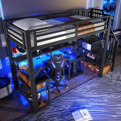 Cayipng Cama alta de 90 x 200 cm con luz LED y puerto USB para niños de cm litera con escritorio