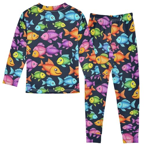 Pajama Sets Long Sleeve Colorful Fish on Black Soft Comfy Sleepwear 2 Piece PJS 3-8T3