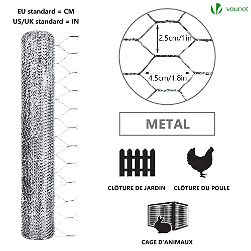 VOUNOT® Maschendrahtzaun Sechseckgeflecht, Drahtzaun Hasendraht Kaninchendraht Hühnerdraht, Maschenweite 25 mm, Höhe 100 cm, Länge 50 m, Verzinkt Silber