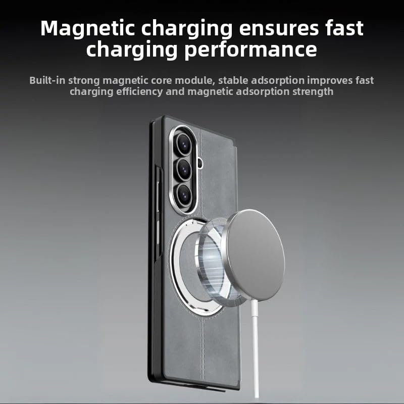 Image of TechTrendz Magsafe Compatible Built-in-Stand Flip Cover for Samsung Galaxy Z Fold 7, 360 Rotating Stand Luxury Nappa Style Leather Foldable Magnetic Flip Cover Galaxy Z Fold 7 5G (Gray)