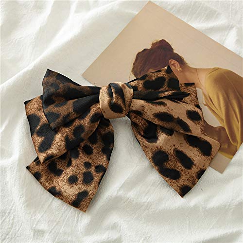 LYDZTION 8 Inch Bow Hair Clips Solid Color Big Satin Ribbon French Barrette Hair Barrettes Hair Accessories,Brown Leopard