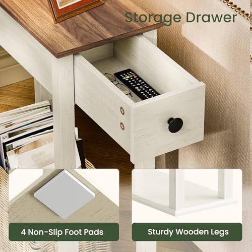 Image of CHOEZON Farmhouse End Table, 2-Tier Narrow Side Table with Drawer, Wooden Nightstand, for Small Space, Living Room, Bedroom