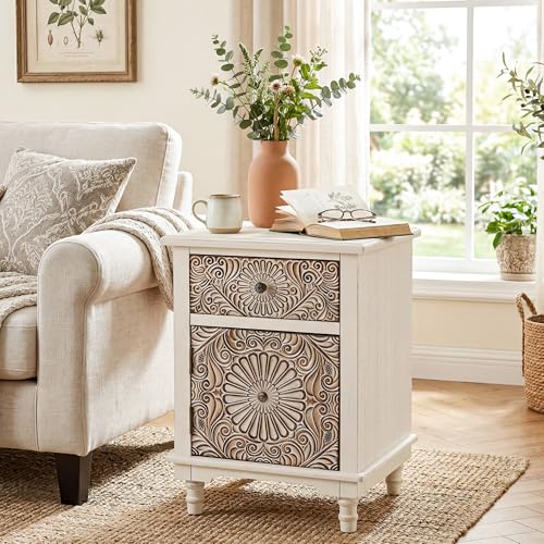 Image of HOMPUS White Nightstand with Drawer & Storage, Fully-Assembled Flower Motif Night Stand for Small Spaces, 2 Drawer End Table with Storage for Living Room, Bedroom, Distress White