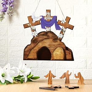   Juexica-Easter-Cross-Door-Sign-Wall-Hanging-Decor-He-is-Risen-Decorations-Religious-Wood-Hanger-for-Front-Door-Porch-Home-Indoor-Outdoor-Spring-Wall-Pediments