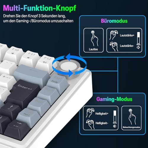 OMOTON Mechanische Tastatur Gaming, 2.4GHz/Type-C/BT, 75% Hot-Swappable Kabellos Tastatur mit Knopf, Gasket Struktur, RGB, Creamy Keybord Linearer Schalter, QWERTZ ISO-DE Layout, MK211 6