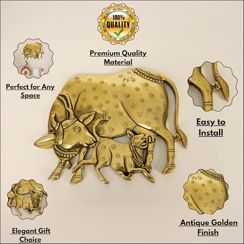Image of Spillbox Brass Kamdhenu Cow Pair Wall Hanging |Vastu Gau MATA Statues Wall Hanging for Home |Living Room|Door Hanging Decor|Statue Sculpture for Home&Office- Brass Kamdhenu