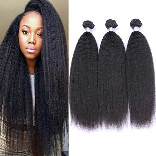 IMAYLI Brazilian Kinky Straight Virgin Hair 3 Bundles Yaki Human Hair Weave 8A Unprocessed Kinky Straight Remy Human Hair Extensions Natural Black(12 14 16)