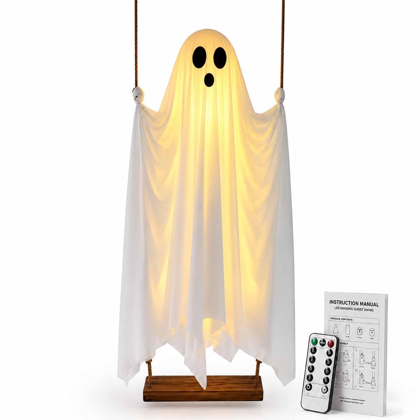 5FT Swinging Hanging Ghost Decor,LED Halloween Yard Ornament With Witch Hat