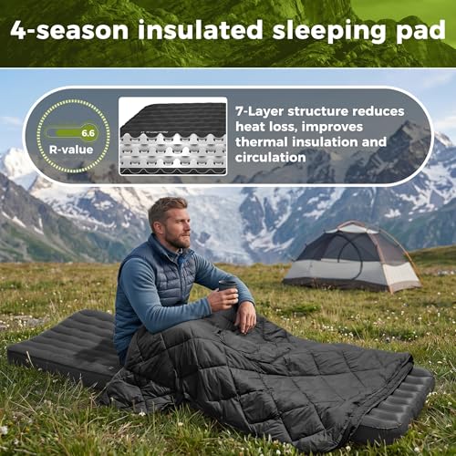 Image of ATEPA ThermAir Pro Insulated Sleeping Pad for Backpacking, 6.6 R-Value 4 inch Thick Ultralight Quiet Camping Air Mattress with Pump Sack, Wide Long 77 inchx25 inch, 4-Season Sleeping Mat for Hiking Travel, Black