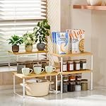 Ekisemio Kitchen Cabinet Organizer, Bamboo Spice Rack Organizer for Cabinet, Stackable & Expandable Counter Shelves, Set of 4, White and Natural - Image 2