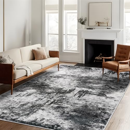 RUUGME 5x7 Abstract Area Rug: Large Washable Living Room Rug Indoor Non Slip Low Pile Carpet for Bedroom Soft Foldable Stain Resistant Distressed Thin Rug for Dining Room Kitchen 5x7 Black A