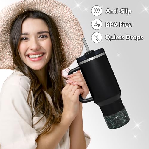 Image of WUQID Protective Bling Silicone Boot, Compatible with Stanley Tumbler 20-40oz & Hydro Flask Water Bottle 12-24oz and More Bottles /Tumblers Bottom of 2.83-2.95in, Glitter Reduces Dents Sleeve Cover