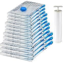 Amazon Basics Vakuumbeutel für Kleidung mit Luftdichtem Ventil und Handpumpe – Mehrere, 3 x Jumbo, 3 x Groß, 3 x Mittelgroß, 3 x Klein, 12er-Pack, Reißverschluss, Durchsichtig