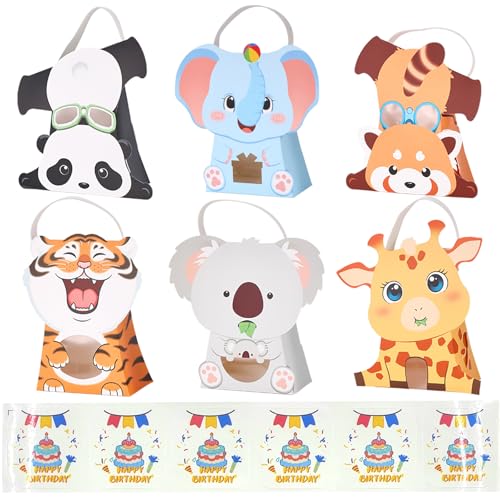 CcXxMming 30PCS Animal Paper Gift Bags with Handles & Birthday Stickers, 6 Cute Animal Designs, Medium & Large Goodie Bags with Window, Kids Birthday Party Loot Bags Favor Supplies（Medium）