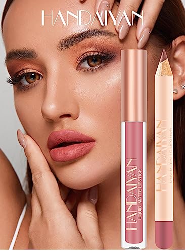 Image of Handaiyan Lip Liner And Liquid Matte Lipstick Set - Lip Kit Crayon Matte Lip Pencil Matte Liquid Lipstick + Matching Lip Liner Nude Velvety Lipstick Makeup Kit For Women (Lip Kit #10)