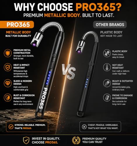 Image of PRO365 Premium Metallic 27 CMS USB Rechargeable Electric Candle Lighter | 1 Year Warranty | Windproof Flameless Arc | 360 Flexible Neck | Safety Lock & LED Indicator | Black