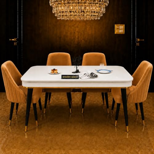 Image of WOODEN SPACE 4 Seater Wooden Dining Table Set | Urban Marble Top Dining Table with Chairs for Dining Room & Kitchen (Modern Infinity Mustard) (54 x 36 x 30 inch)