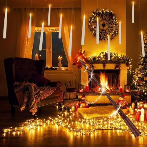 Image of YOROXRG 24 Pack Halloween LED Magic Hanging Floating Candles, Taper Flickering Flameless with 2 Magic Wands - Candle Set for Halloween, Christmas, Weddings, Birthdays & Fantasy Ambiance...