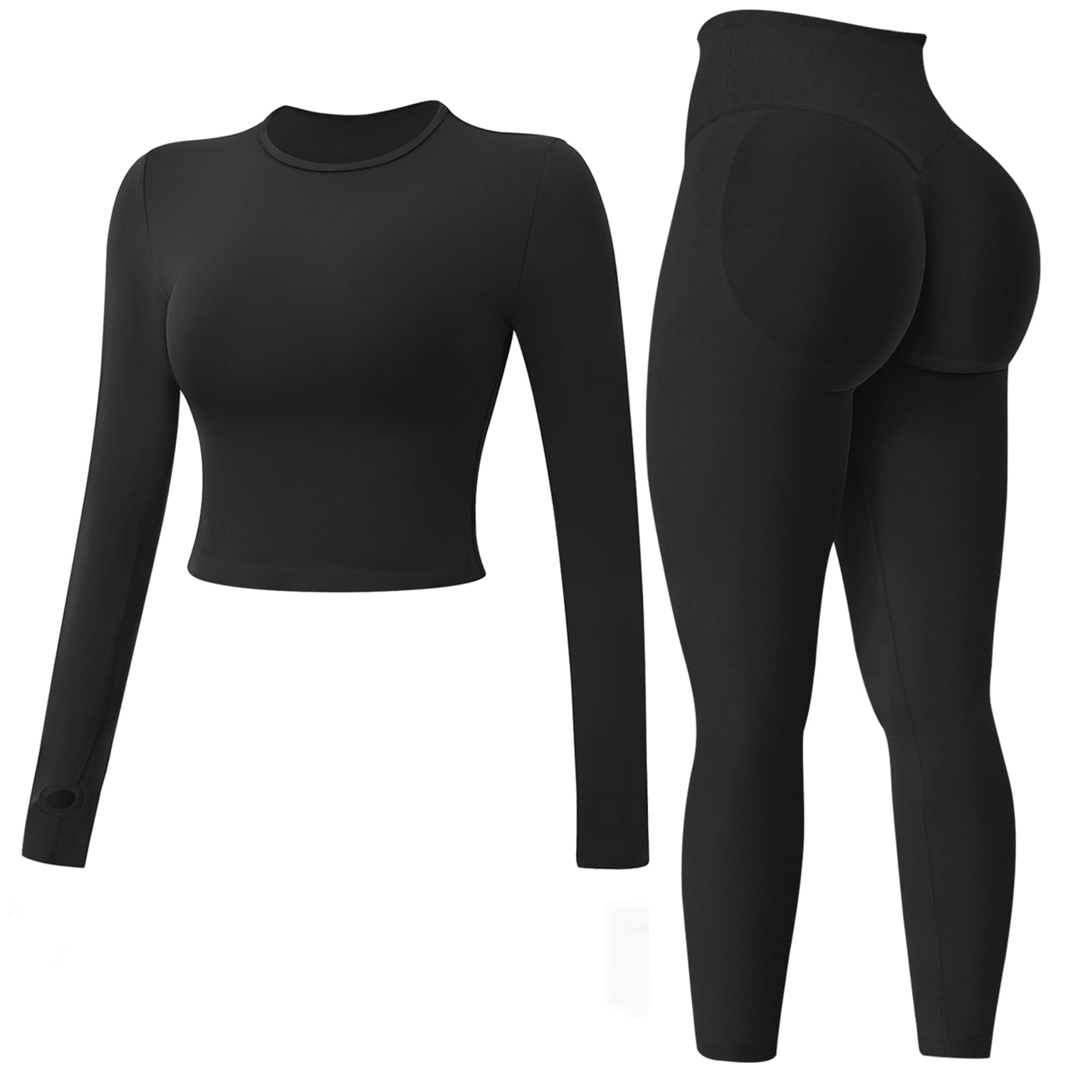 JN JANPRINT Ensemble de sport 2 pièces sans couture pour femme - Haut à manches longues - Leggings froncés dissimulés - Tenue de yoga