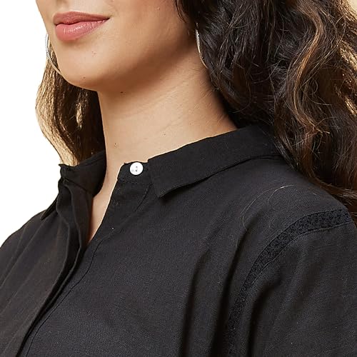 Image of Globus Women Solid Shirt Collar Lace Inserts Kaftan Tunic