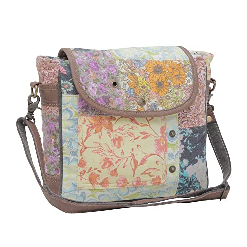 Myra Bags Floral Canvas Crossbody Pouches with Zipper, Flap, and Strap - Fiori Patchwork Design Canvas Totes with Variety of Flowers2