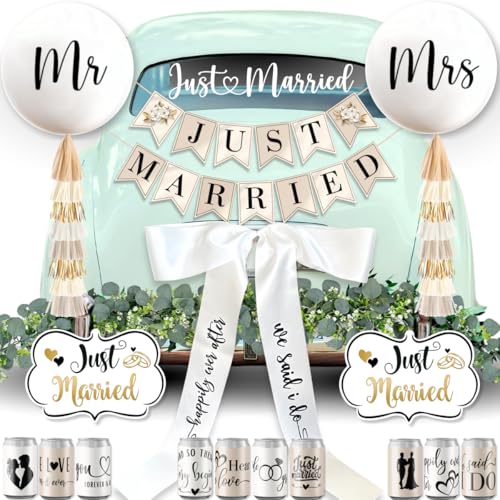 33 Pc Just Married Car Decorations – Wedding Reception & Ceremony Decor – Banners, Stickers & Balloons – Elegant Reusable Wedding Car Kit – Weather-Resistant & Easy to Apply – No Residue