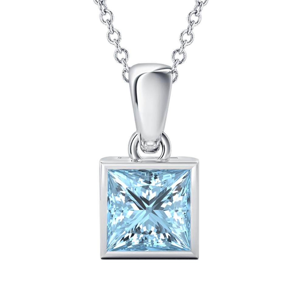 5mm to 10mm Princess Shaped Bezel Set 14k Gold Over .925 Sterling Silver Aquamarine Solitaire Valentine's Day Special Pendant Necklace for Womens