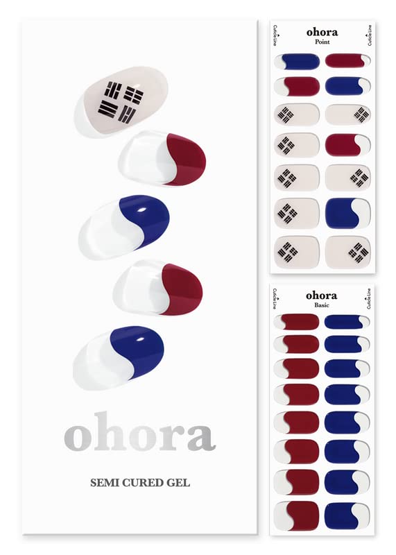 ohora Semi Cured Gel Nail Strips (N Taegeuk) - Works with Any Nail Lamps, Salon-Quality, Long Lasting, Easy to Apply & Remove - Includes 2 Prep Pads, Nail File & Wooden Stick