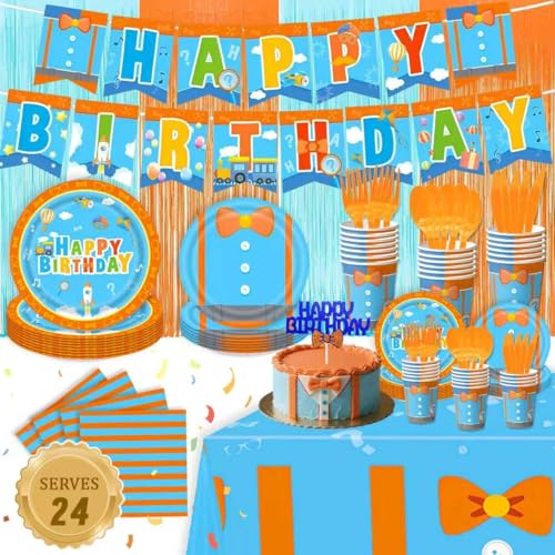 171PCS Kids Birthday Party Decorations Tableware Set - Blue & Orange Party Supplies for Boys & Girls - Includes Plates Cups Napkins Cutlery Tablecloth Foil Fringe Curtains - Serves 24 Guests