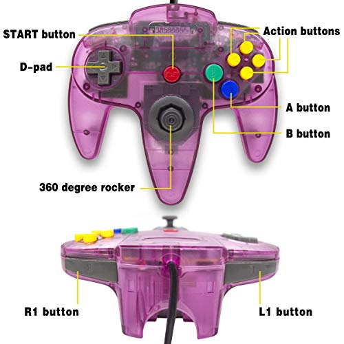 Wired Controller for Nintendo 64 N64 Console, Upgraded Joystick Classic Video Game Gamepad (Clear Green and Clear Purple)
