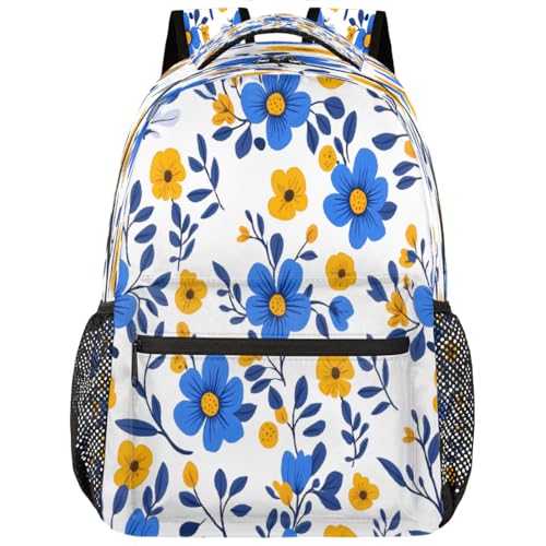 Cartoon Blue Yellow Flowers Kids Backpack, Lightweight School Bookbag Large Capacity Laptop Backpack Water Resistant Daypack Shoulder Bag for Teenager Boys Girls