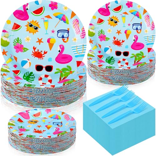 Havawish 240 Pcs Summer Hawaii Paper Tableware Napkins Beach Party Supplies 9 Disposable Plates 7 Paper Snack Plates for Kids Birthday Beach Party Decorations Serves 60(Blue Pool)