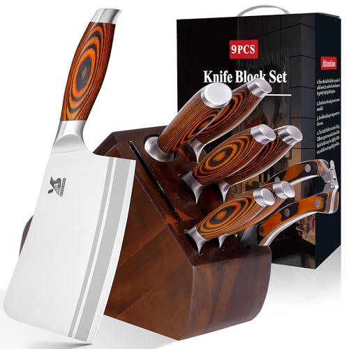 Image of MSY BIGSUNNY 9pcs Knife Block Set, German Steel Kitchen Knife Set with Bone Chopper, Precious Pakkawood Handle for Chef Knife Block Set