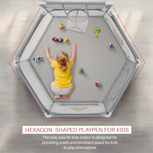 Image of Baybee Neo Plus Kids Playpen for Babies | Baby Activity Playards with Basket Ball Hoop, Zipper Door & Corner Protection | Baby Play Area Indoor Setup with Hexagon shape for Extra Space | Outdoor Play Pen for Baby up to 5 Years (Grey)