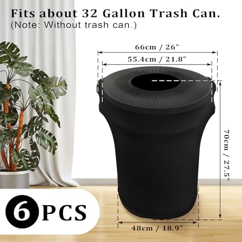Image of BSTKEY 32 Gallon Stretch Spandex Trash Can Cover, 6 Pack Outdoor Fitted Waste Container Cover Round Garbage Can Covers for Wedding Party Fundraiser Decor, Without Trash Can (Black)