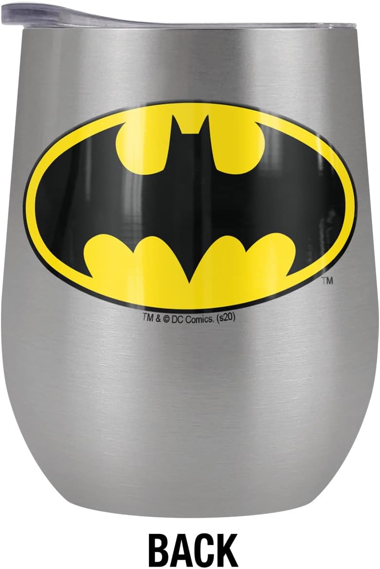 Batman - Logo OFFICIAL Batman Classic Logo 12 OZ Stemless Wine Tumbler, Stainless Steel Travel Cup|Lake Tumbler|Insulated with Leak Resistant Slide-Lock Lid, Stainless Steel