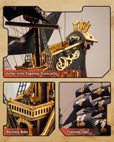 ROBOTIME 3D Wooden Puzzle Seahorse Barque, Model Kit for Adults to Build, Jigsaw Sailing Ship Building Construction Craft Kit, Boat Gifts for Adults and Kids, MCB02 - Image 4