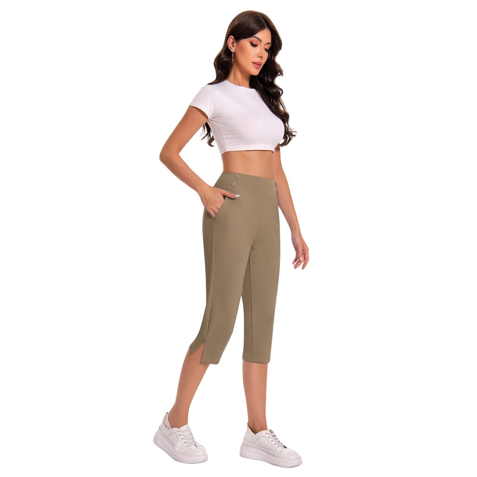 Pantalones de Chándal para Mujer, 3/4 Siete Octavos Elásticos de Cintura Alta, Pantalones de Golf de Corte Recto, Capris Imperdibles para Trabajo, Gimnasio o Running, Tejido Ligero para Verano
