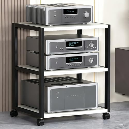 4-Tier Movable AV Media Stand, Adjustable Stereo Rack for TV & Audio Equipment, Reinforced Steel Entertainment Center, Easy Assembly, White, 50x40x89cm