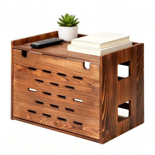 Wooden WiFi Router Storage Box Wall Mount Vented Router & Modem Enclosure Cable Management Organizer Cabinet Router Hider Shelf Carbonized Pine Wood Fits Routers up to 11Tall - Carbonized Brown