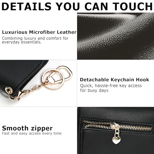 Image of Women Small Wallet RFID Blocking Slim Wallet with Coin Pocket Tri-Fold Credit Card Holder with ID Window and Keychain (Black)