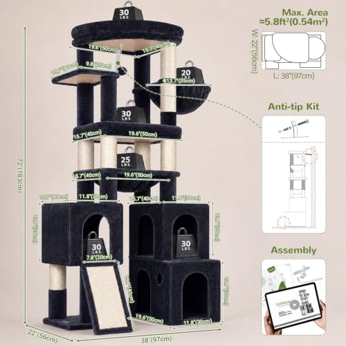 Image of Globlazer Tall Cat Tower for Indoor Adult Cats, 72-inch, S72G, Dark Grey | Heavy Duty Cat Tree House for Big Cats with 2 Extra-Large Padded Platform, 7 Sisal Scratching Posts, 3 Large Condos