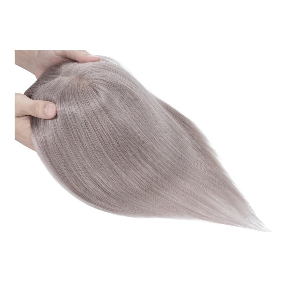 Topper for capelli umani con frangia for donna, clip for parrucche | Base 7x12,5 cm,traspirante，for capelli diradati capelli grigi donne posticci for aggiungere volume(14 inches,GREY)