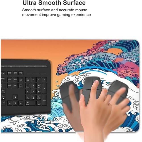 Image of Printed Gaming Mousepad - Premium Stitched Edges, Smooth Surface,Size 11x23 inches, Non-Slip Rubber Base - Ideal for Office & Gaming Setup (Vintage Japanese Ocean Wave Sunrise)