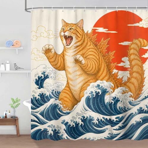 Image of Funny Shower Curtain, Vintage Japanese Cat Art Anime Sunset Wave Shower Curtains for Bathroom, Animal Cat Japan Fabric Bathroom Decor, with Hooks 72x72 Inch