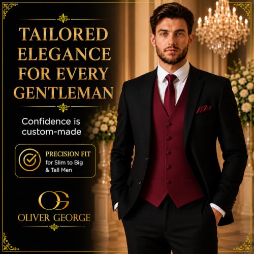 Image of Oliver George 4pc Men's Solid Formal Suit Waistcoat Tuxedo Dress Vest Necktie Bowtie Handkerchief Set for Suit or Tuxedo